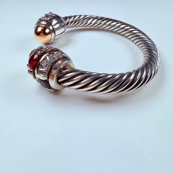 14K Gold Renaissance Ruby & Spinel Cable Cuff Sterling Silver 925 Bracelet - Picture 5 of 11